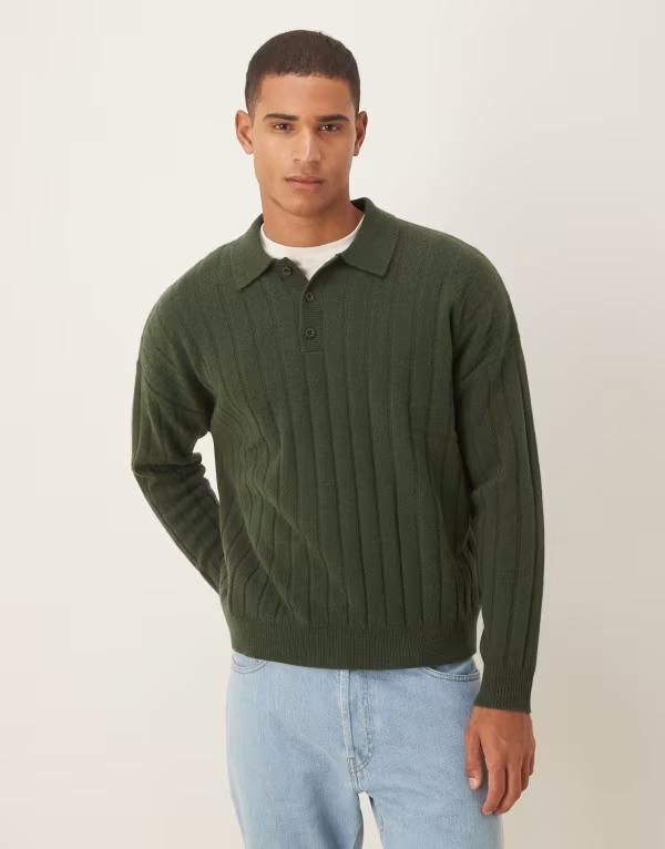 エイソス メンズ トップス ポロシャツ リブニット ウール シャツ ニット ASOS DESIGN oversized rib knit lambswool blend polo shirt in d
