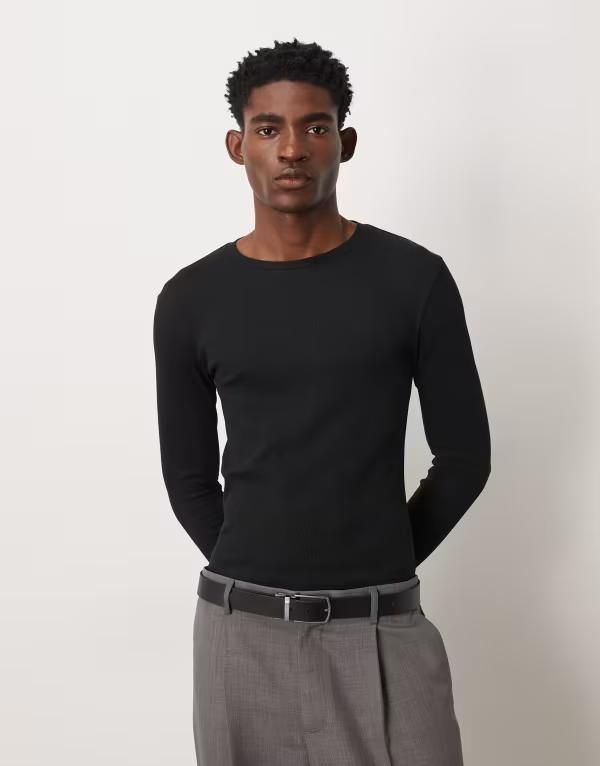 エイソス メンズ トップス Tシャツ ASOS DESIGN essentials muscle fit long sleeve Tshirt riblack ブラック