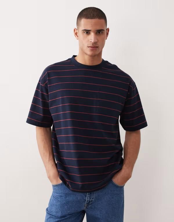 エイソス メンズ トップス Tシャツ ASOS DESIGN heavyweight relaxed tshirt with chest pocket and burgundy stripes Nav