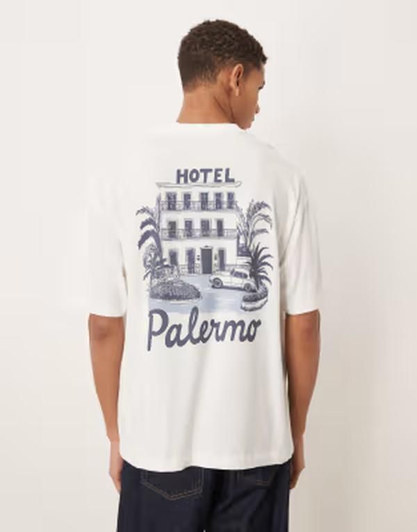 エイソス メンズ トップス Tシャツ グラフィック ASOS DESIGN oversized tshirt withotel Palermo graphic WHITE ホワイト