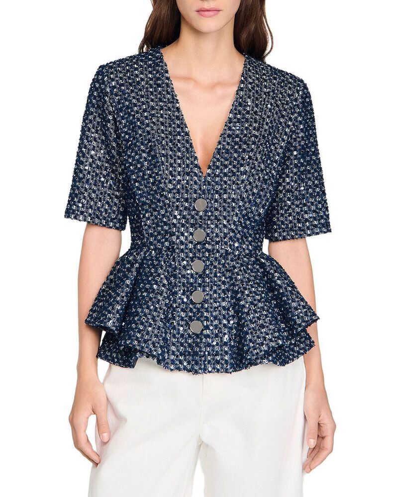 サンドロ レディース アウター ジャケット・ブルゾン スパンコール Sandro Sequined Jacket Navy Blue ネイビー 53,880円