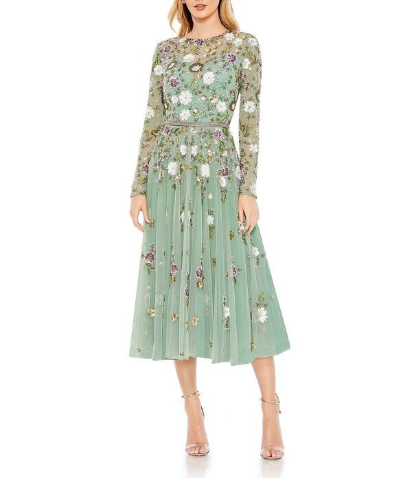 マックダガル レディース トップス ワンピース クルーネック フラワー柄 ミディ スパンコール フラワー Mac Duggal Sequin Floral Crew Neck Long Sleeve 55,990円