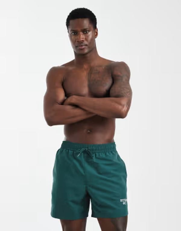 エイソス メンズ 水着 ハーフパンツ・ショーツ ショートパンツ ASOS DESIGN swim shorts in mid length with embroidery GREEN グリーン