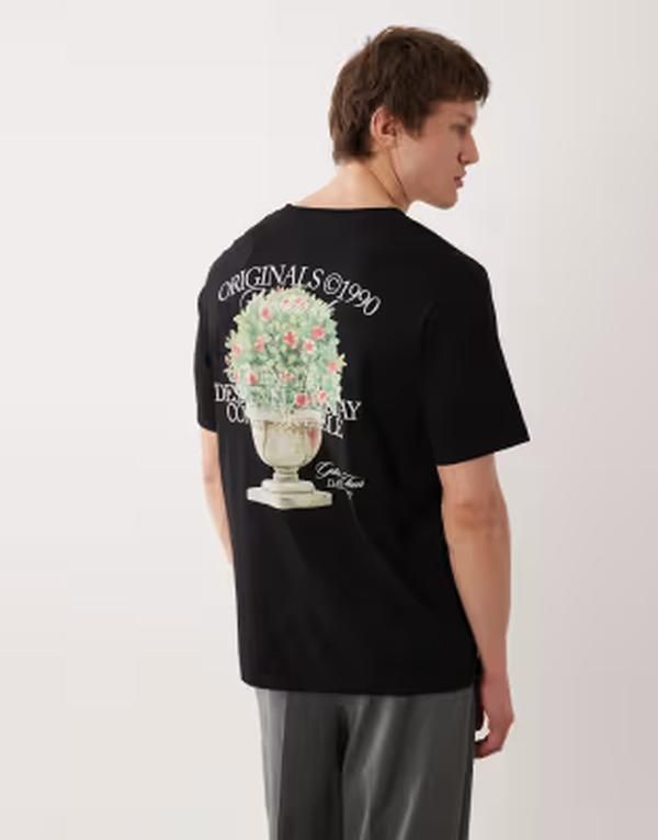ジャック アンド ジョーンズ メンズ トップス Tシャツ プリント Jack Jones oversized tshirt with flower back and front prints Blac