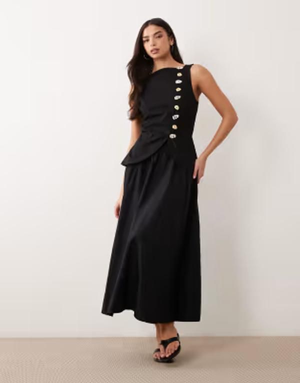 エイソス レディース トップス ワンピース ベスト スカート リネン マキシ ASOS DESIGN linen blend maxi vest dress with poplin skirt Bla 22,260円