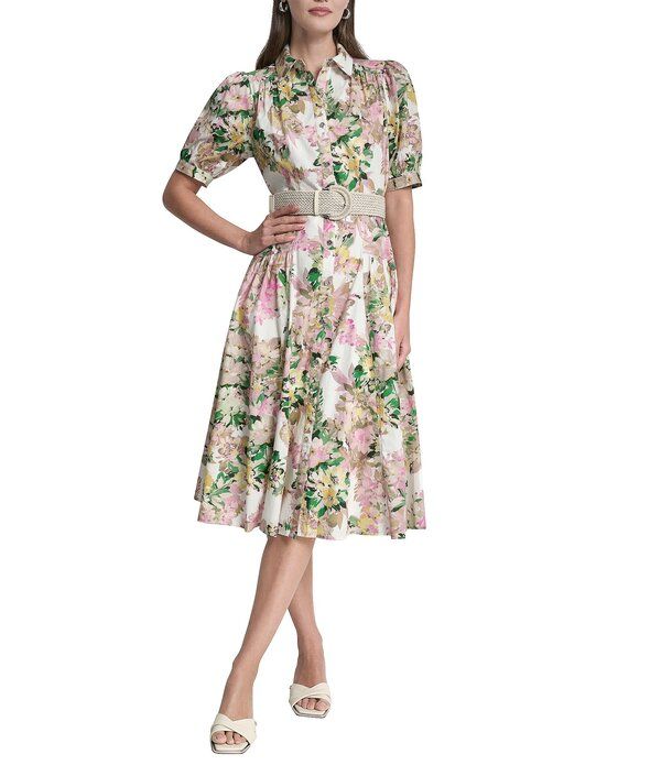 ダナキャラン レディース トップス ワンピース フラワー柄 ミディ シャツ フラワー DKNY by Donna Karan Floral Short Puff Sleeve Belted Midi