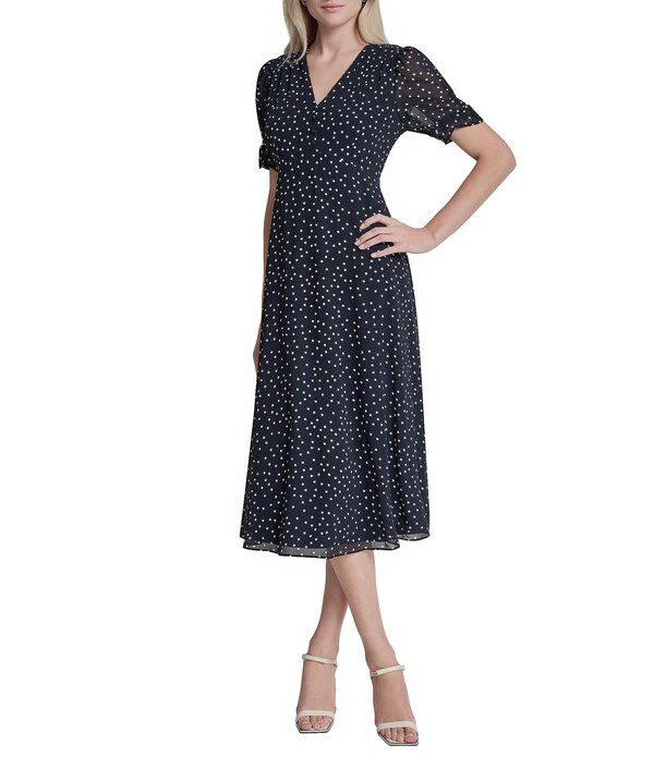 ダナキャラン レディース トップス ワンピース プチ プリント ミディ DKNY by Donna Karan Petite Size Short Sleeve Dot Print Midi Dres