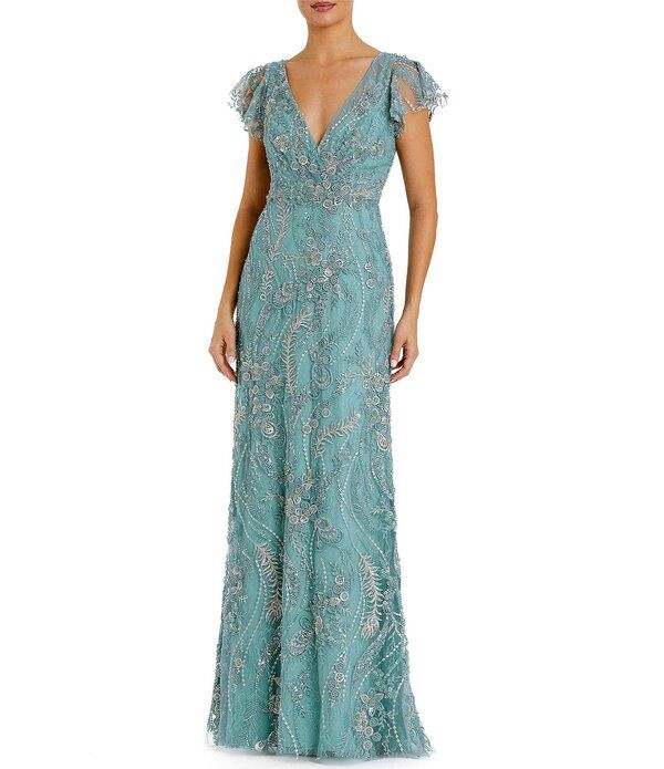 マックダガル レディース トップス ワンピース 刺繍 Mac Duggal Flutter Sleevembroidered Gown Seafoam