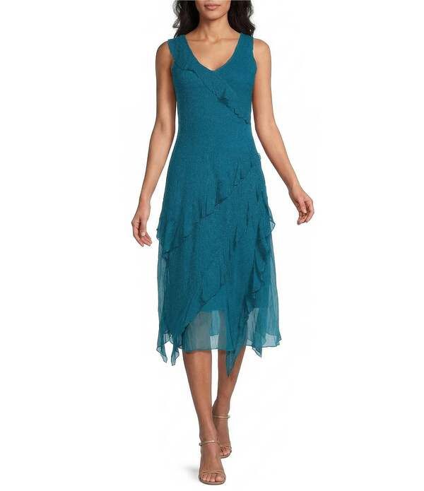 コマロフ レディース トップス ワンピース シフォン フリル ミディ ノースリーブ Komarov Chiffon Charmeuse Scoop Neck Sleeveless Ruffle Acc