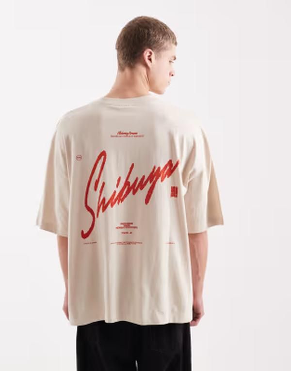 エイソス メンズ トップス Tシャツ グラフィック ASOS DESIGN oversized Tshirt with text graphic Rainy day ベージュ 8,506円