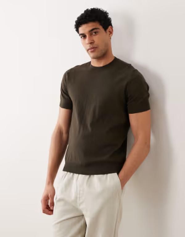 マンゴ メンズ トップス Tシャツ リブニット コットン ニット Mango 100 cotton fine rib knitshirt BROWN ブラウン