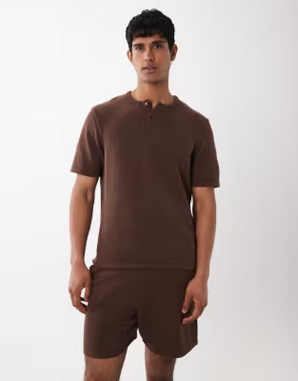 エイソス メンズ トップス Tシャツ ニット ASOS DESIGN knit henley set BROWN ブラウン