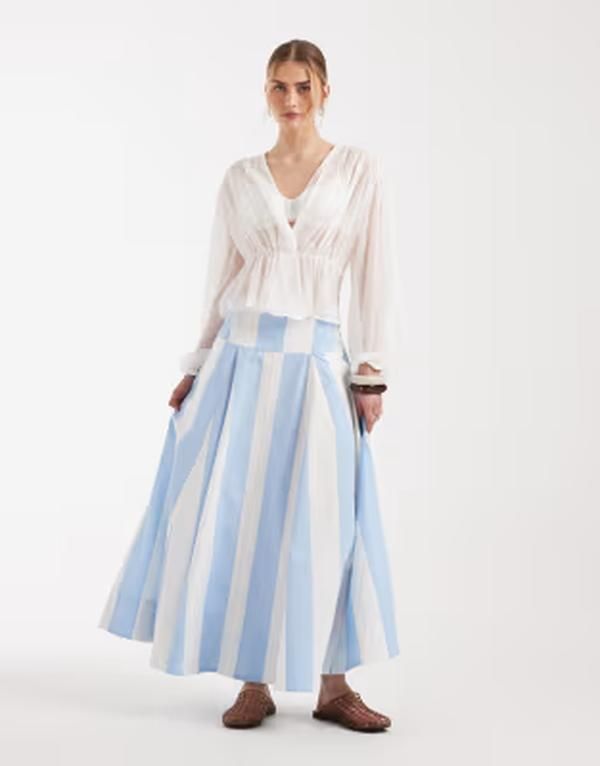 エイソス レディース ボトムスカート ミディ ASOS DESIGN dropped waist volume godet midi skirt in stripe ストライプ