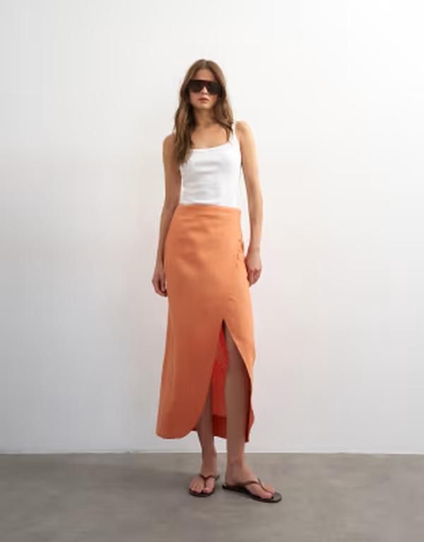 トップショップ レディース ボトムスカート リネン マキシ Topshop linen wrap maxi skirt in dusted clay DUSTED CLAY