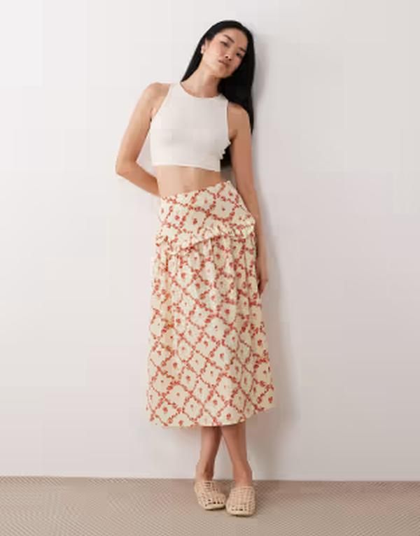 ウェンズデーガール レディース ボトムスカート プリント Wednesdays Girl floaty midaxi dress in rose print CREAM クリーム