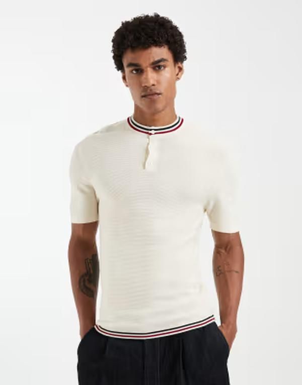 エイソス メンズ トップス Tシャツ ニット ASOS DESIGN muscle fit knitted henley with tiping in ecru CREAM クリーム