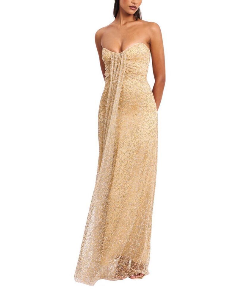 ミスサークル レディース トップス ワンピーストラップレス Miss Circle Ada Rhinestonembellished Strapless Gown withead Scarf Gold 65,890円