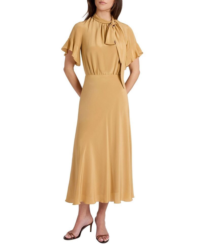 サントレッリ レディース トップス ワンピース ミディ シルク Santorelli Sabrina Silk Short Sleeve Tie Neck Midi Dress Dune Sand サ