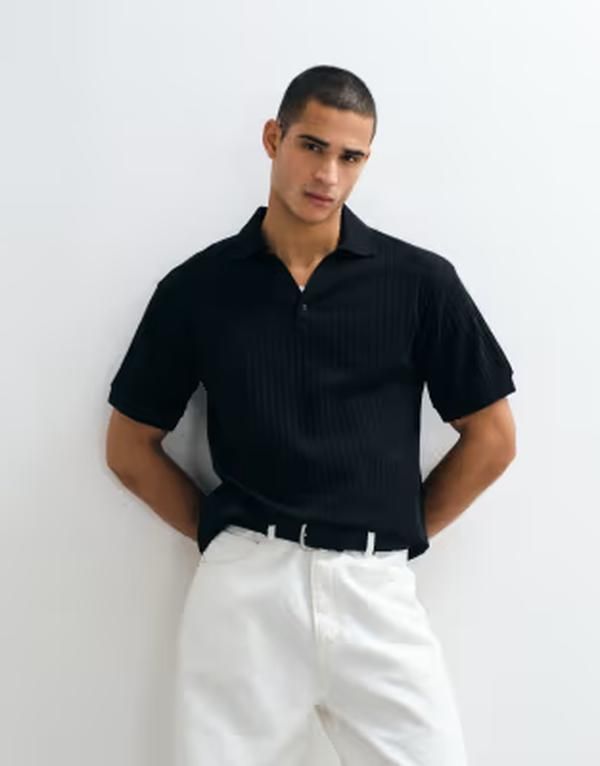 エイソス メンズ トップス ポロシャツ ASOS DESIGN relaxed camp collar polo wide riblack ブラック 11,085円