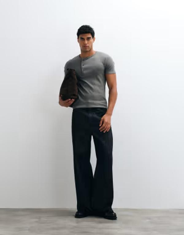 エイソス メンズ トップス Tシャツ ヘンリーネック ASOS DESIGN muscle fitshirt withenley neck in dark gray rib Gunmetal ガンメタ