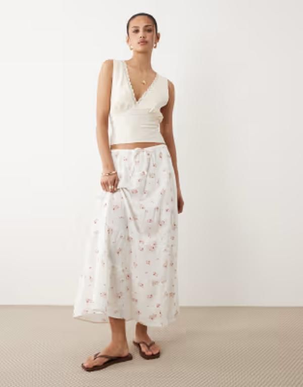 コットンオン レディース ボトムスカート ティアード マキシ Cotton haven tie red maxi skirt in ditsy cherrywoodITSY CHERRYWOOD