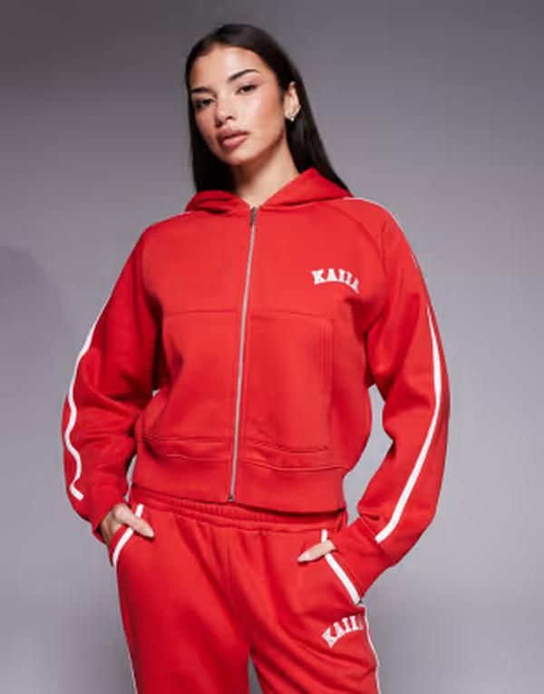 カイア レディース アウター パーカー・スウェット コットン 刺繍 ロゴ Kaiia cotton rich embroide red logo side stripe zip up hoodie p