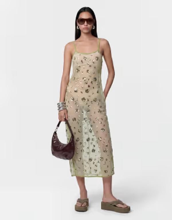 ノイジーメイ レディース トップス ワンピース シアー スパンコール マキシ Noisy May sheer sequin maxi dress in lime Daiquiri green グリーン