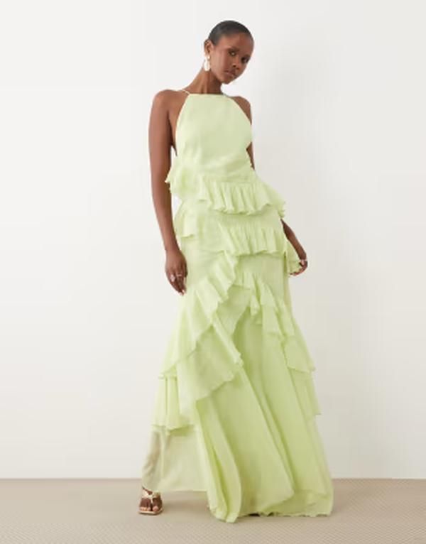 エイソス レディース トップス ワンピース ハイネック フリル マキシ ASOS DESIGN high neck low back ruffle maxi dress in lime ライム