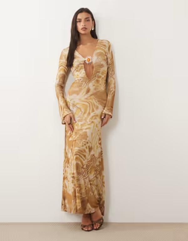 エイソス レディース トップス ワンピース アニマル柄 プリント メッシュ マキシ ASOS DESIGN printed mesh fluted sleeve maxi dress with gol