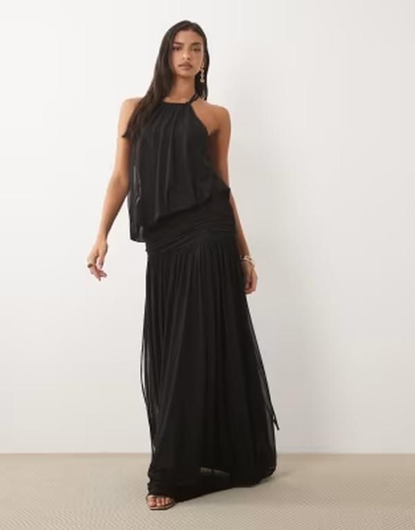 エイソス レディース トップス ワンピース ギャザー メッシュ マキシ ASOS DESIGN mesh slouchy blouson ruched maxi dress Black ブラック