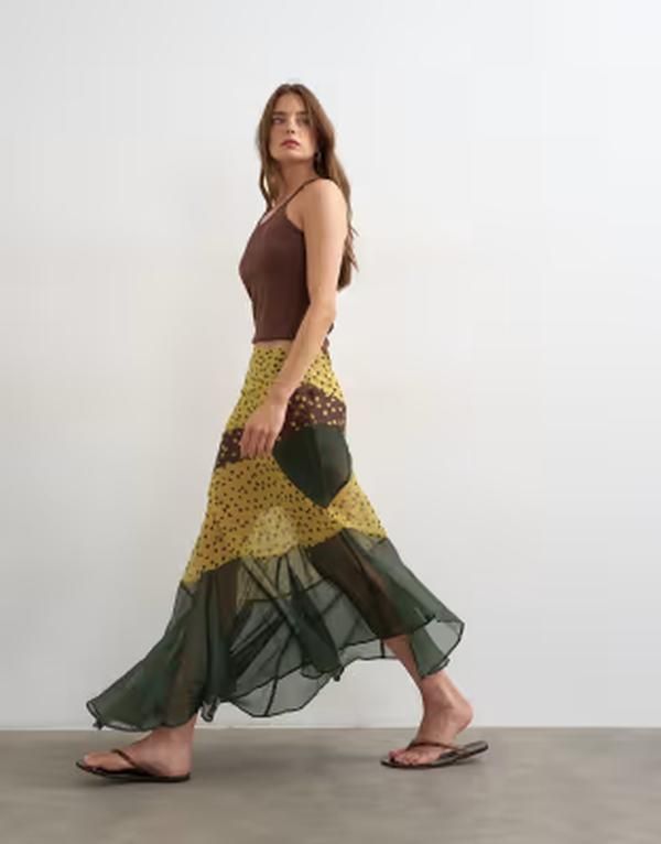 トップショップ レディース ボトムスカート アシンメトリー シアー マキシ Topshop sheer panelled asymmetrical maxi skirt and brown spot
