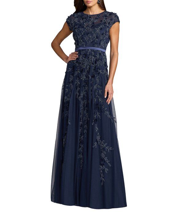 マックダガル レディース トップス ワンピース A ライン フラワー柄 メッシュ キャップ フラワー Mac Duggal Illusion Round Neck Cap Sleeve Floral