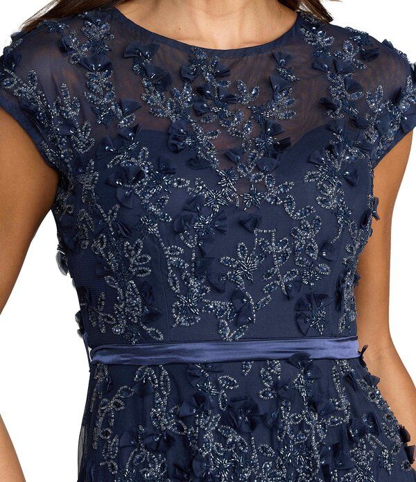 マックダガル レディース トップス ワンピース A ライン フラワー柄 メッシュ キャップ フラワー Mac Duggal Illusion Round Neck Cap Sleeve Floral
