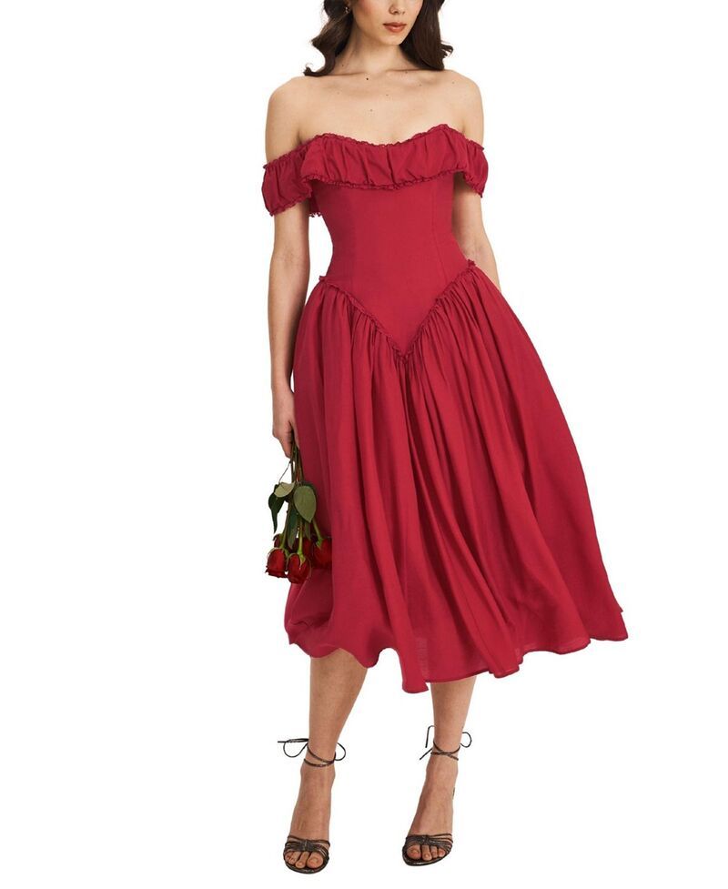 ミスサークル レディース トップス ワンピース ミディ オフショルダー Miss Circle Xavy Drop Waist OffShoulder Corset Midi Dress Crimso