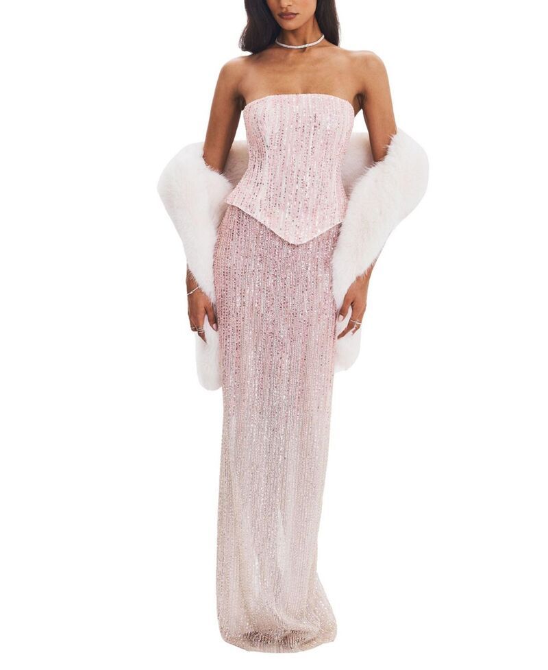 ミスサークル レディース トップス ワンピーストラップレス マキシ Miss Circle Tosca Beaded Gradient Strapless Maxi Dress White Pink