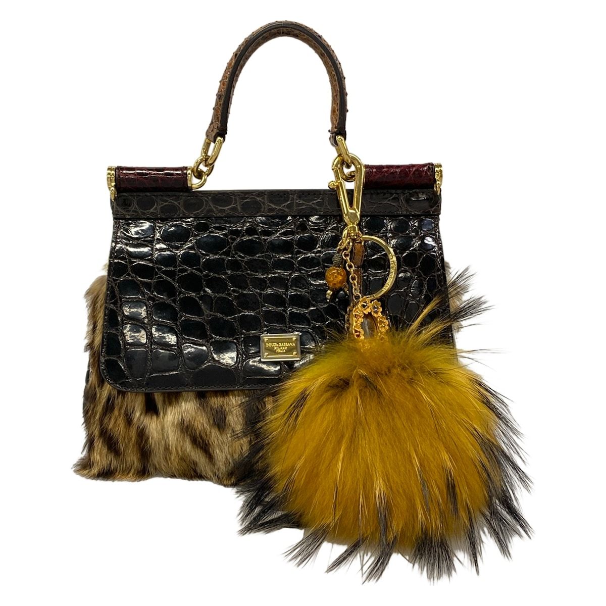 DOLCE&GABBANA(ドルチェアンドガッバーナ) ハンドバッグ シシリー ダークブラウン×ベージュ×マルチ 豹柄/LIMITED EDITION ファー