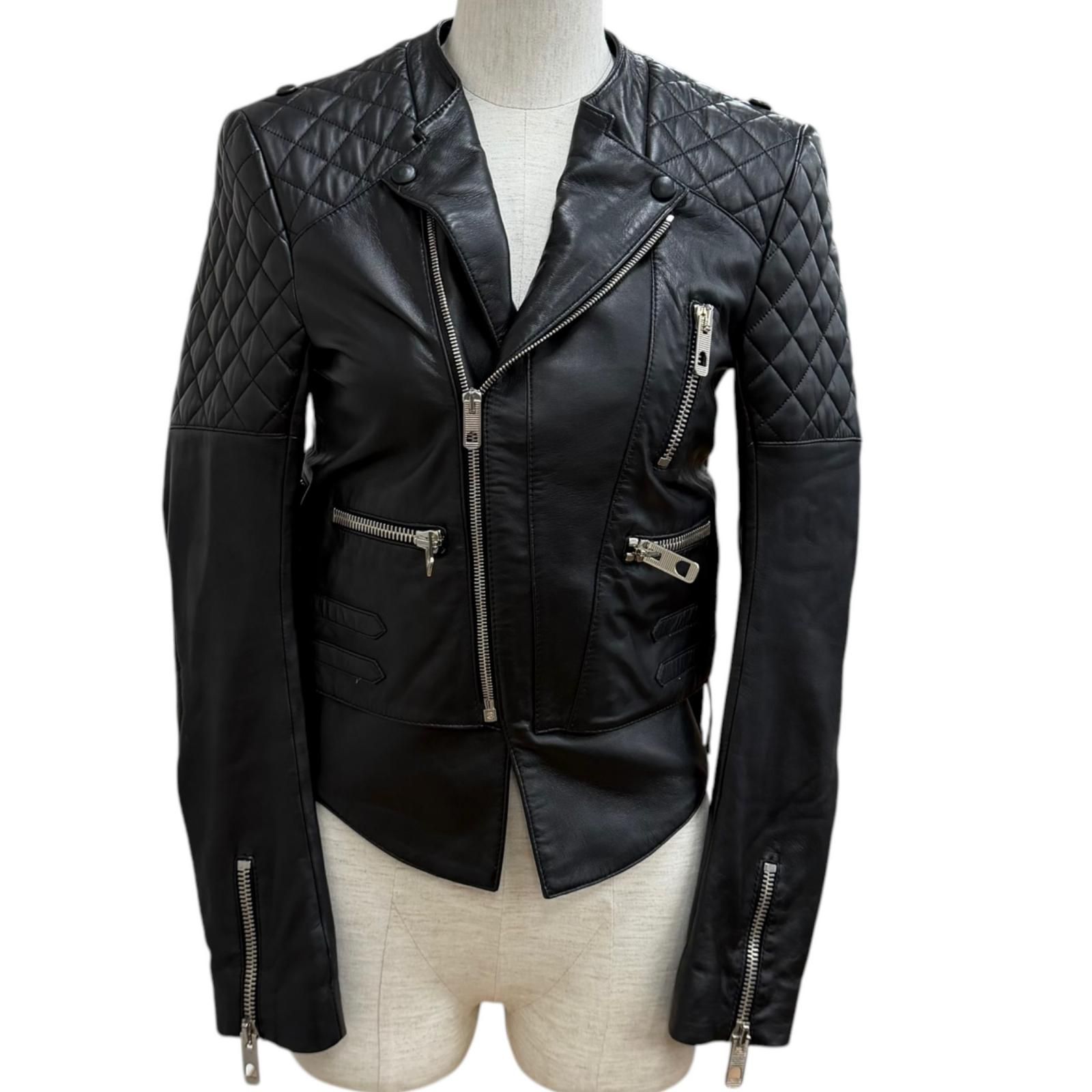 美品★BALENCIAGA バレンシアガ 301194 キルティングデザイン サイドレースアップ レザー ライダースジャケット ブラック 36 正規品