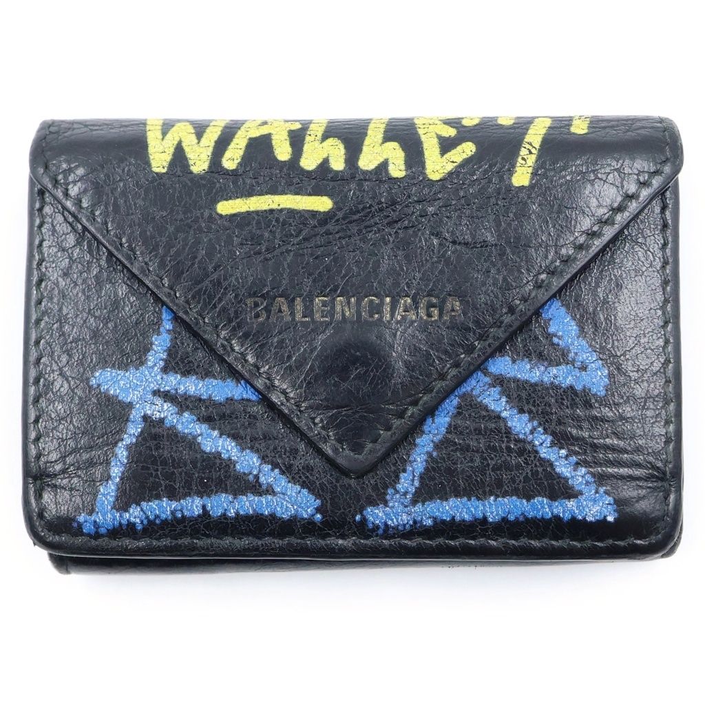 BALENCIAGA (バレンシアガ) ペーパーミニウォレット グラフィティ 三つ折り財布 コインケース ブラック レザー 391446 1060