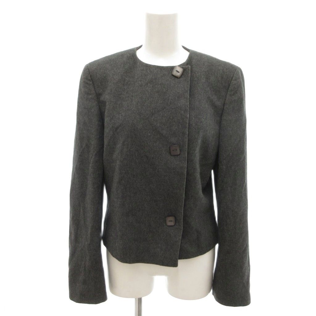 ジャンフランコフェレ GIANFRANCO FERRE 美品 ノーカラージャケット 42 黒 ブラック 絹 シルク混 シングル 総裏地 /SJ ■ECF007