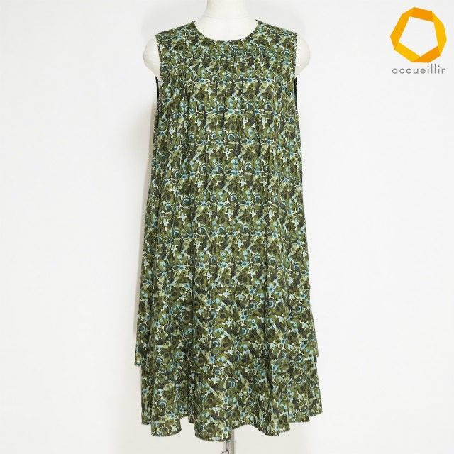 #snc オデー ODEEH ワンピース 36 緑 茶 水色 ノースリーブ 総柄 フレア バックボタン レディース [907017] 7,600円
