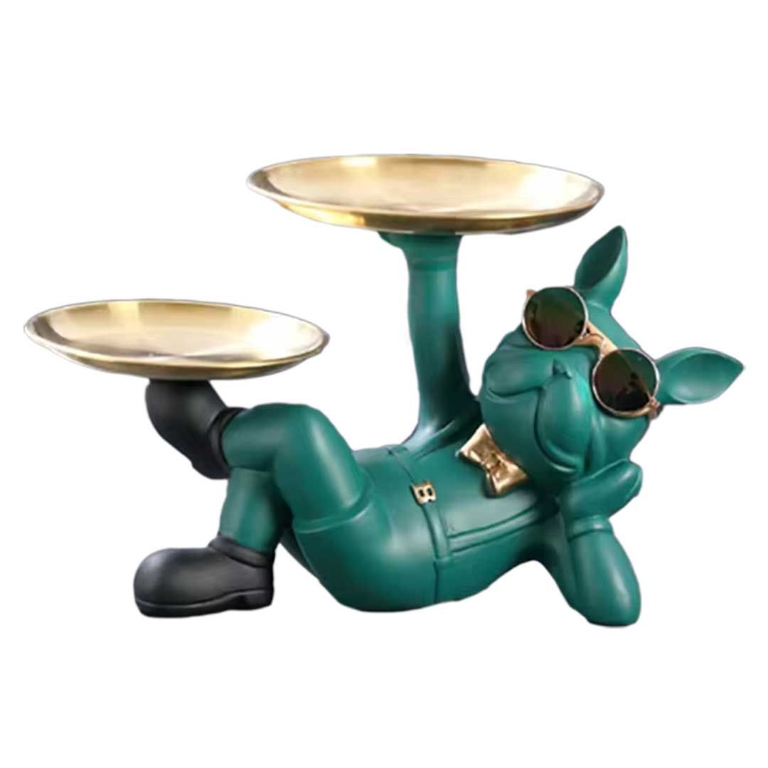 小物整理に便利なブルドッグ 置物 皿2枚トレイ レジン 高さ18cm 幅28cm 全5色 小物入れ インテリア