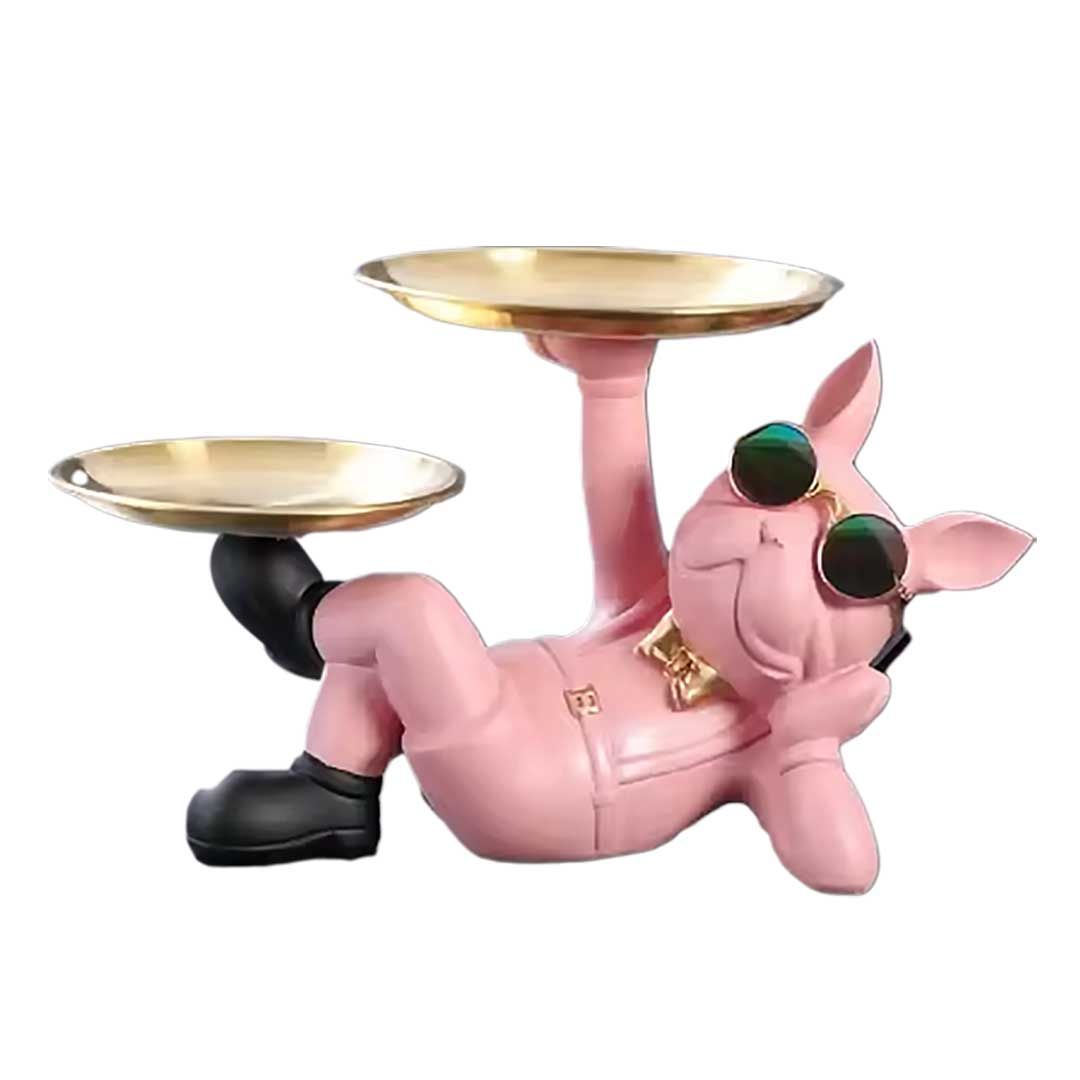 小物整理に便利なブルドッグ 置物 皿2枚トレイ レジン 高さ18cm 幅28cm 全5色 小物入れ インテリア