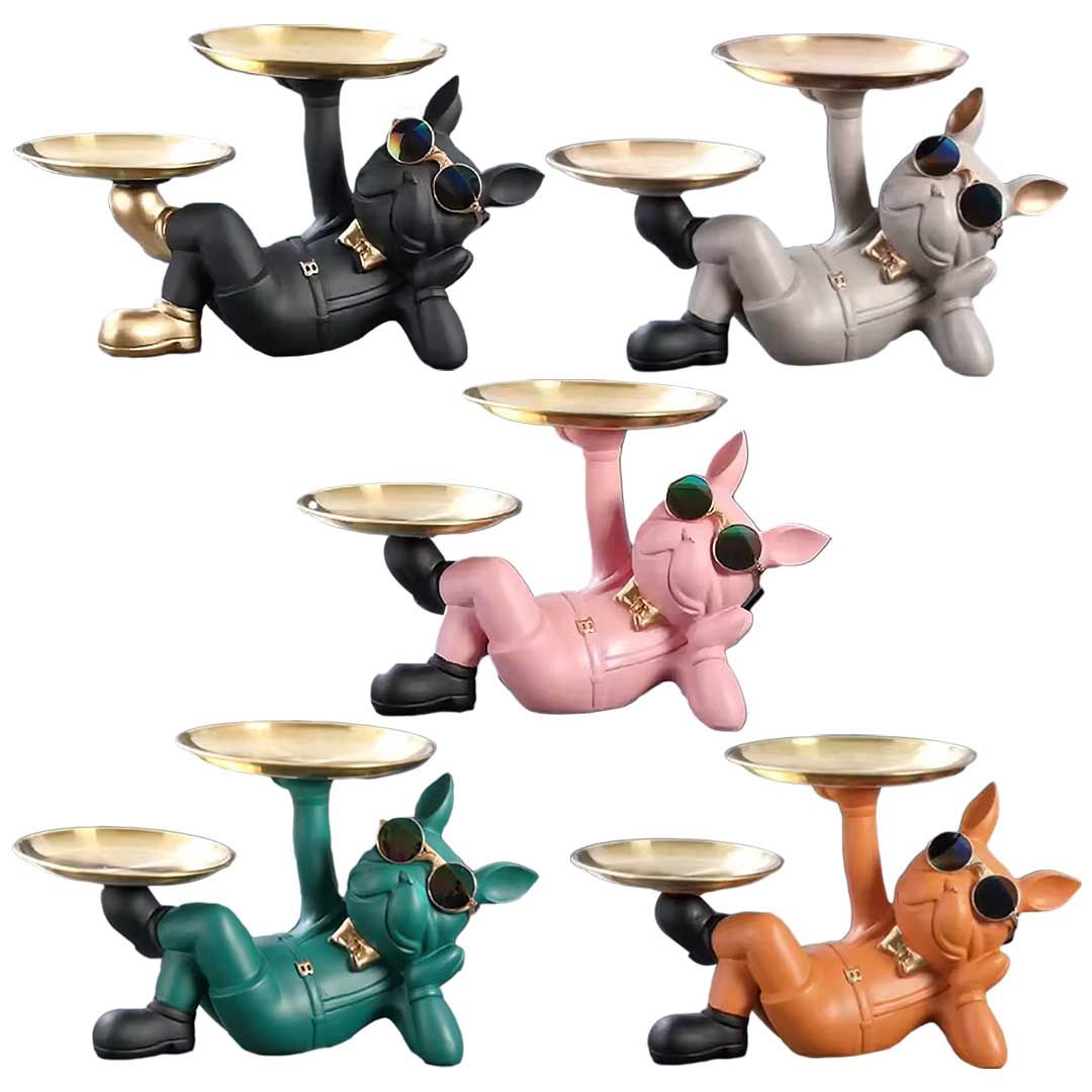 小物整理に便利なブルドッグ 置物 皿2枚トレイ レジン 高さ18cm 幅28cm 全5色 小物入れ インテリアインテリアトレイ