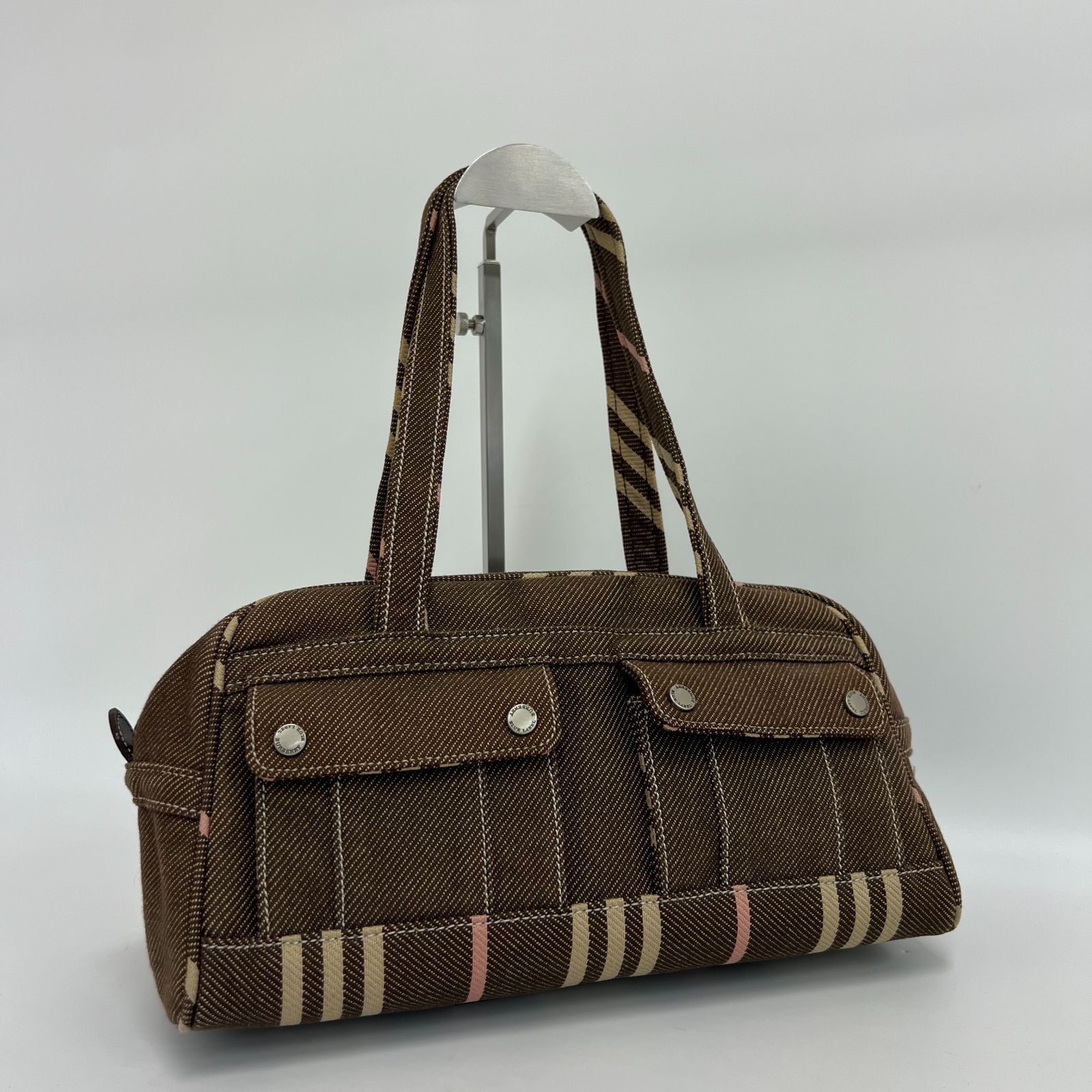 【定番】 BURBERRY BLUE LABEL バーバリーブルーレーベル ハンドバッグ ブラウン ストライプ レディース 26080512