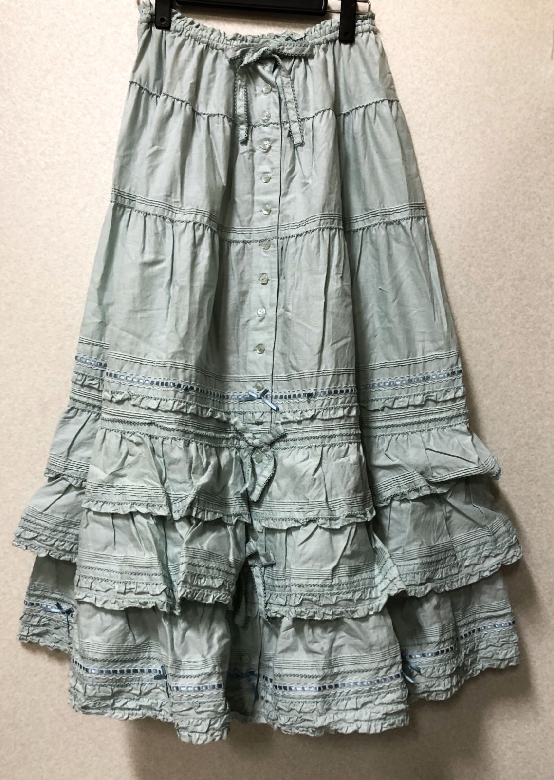 D1157 ピンクハウス 綿 フリル リボン ティアード ロング スカート ブルー タグ付 266984541 26,000円