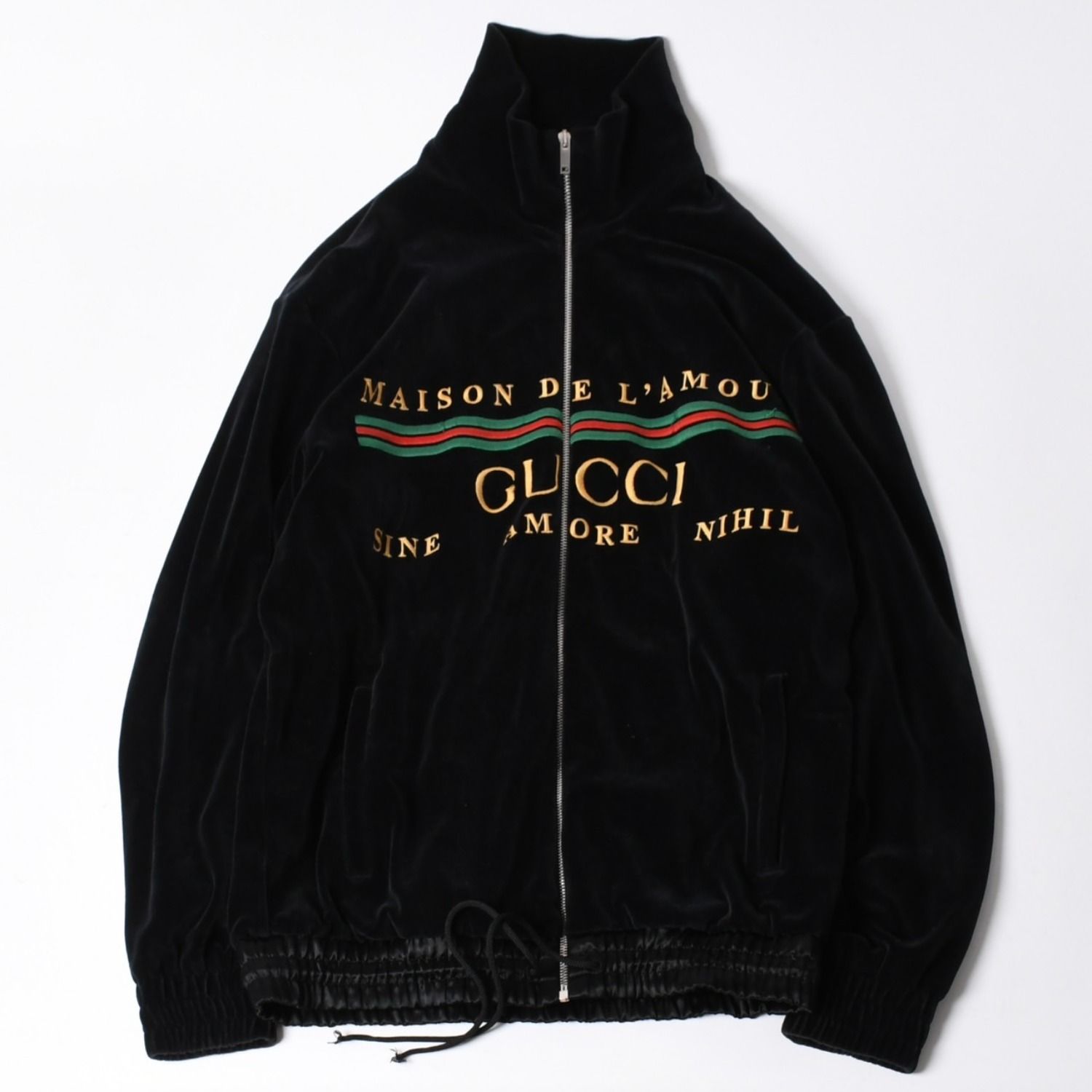 極美品 GUCCI グッチ MAISON DE L'AMOUR ロゴエンブロイダリー ベロア オーバーサイズジャケット ブラック サイズS 中古 4a006713