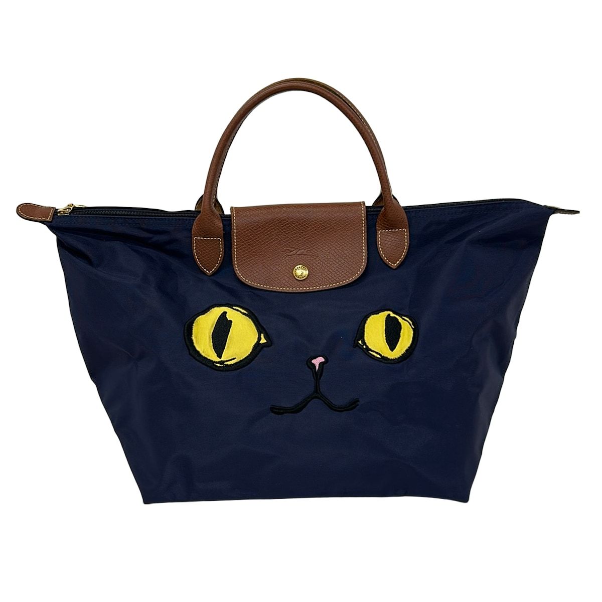 LONGCHAMP(ロンシャン) ハンドバッグ ル・プリアージュオリジナル ネイビー×ダークブラウン×マルチ 刺繍/ネコ/折りたたみ レザー 11,550円