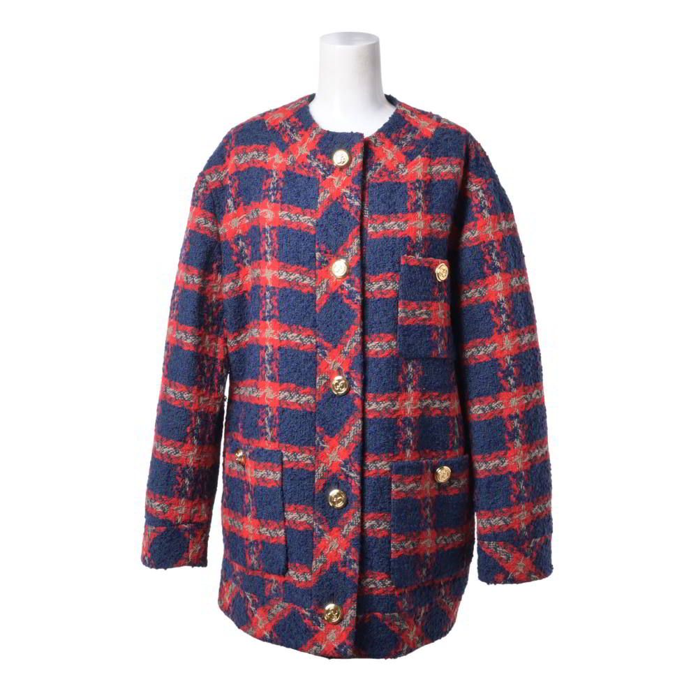 GUCCI ウール ツイード GG ゴールドボタン ノーカラー テーラード ジャケット