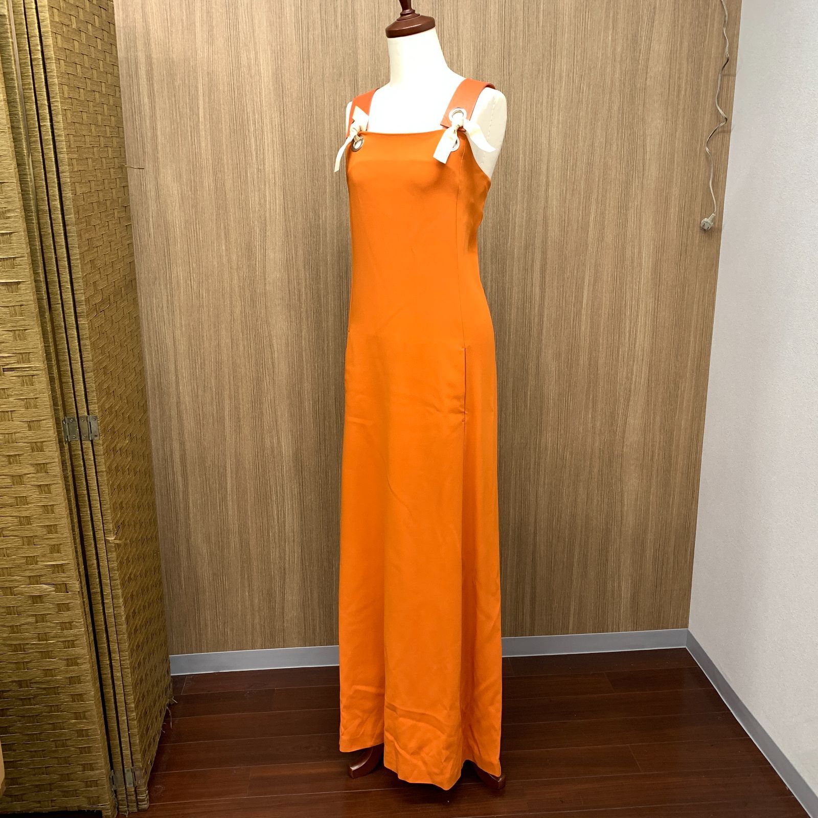 f001 L4 美品 SPORTMAX Defile マックスマーラ ロングワンピース ドレス 36 S オレンジ レザー切替 スリット マキシ丈 スポーツマックス 15,000円