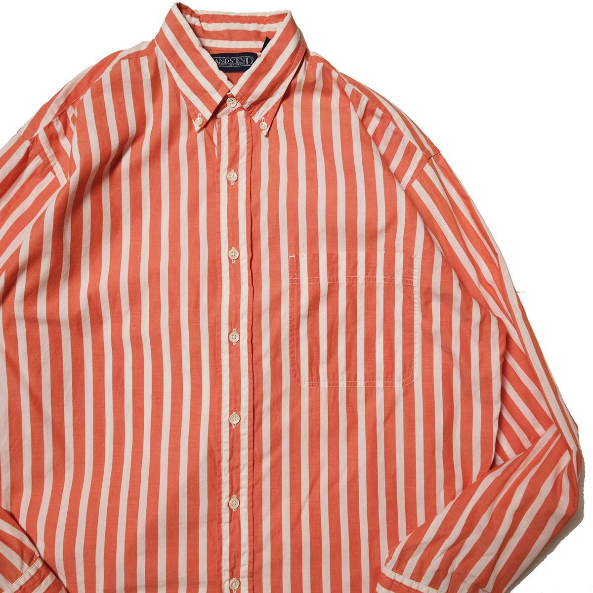 90's ランズエンド ストライプ コットン ポプリン ボタンダウンシャツ 長袖 (M) オレンジ×白系 90年代 旧タグ オールド LANDS'END アメリカ古着 USED ビンテージ ヴィンテージ